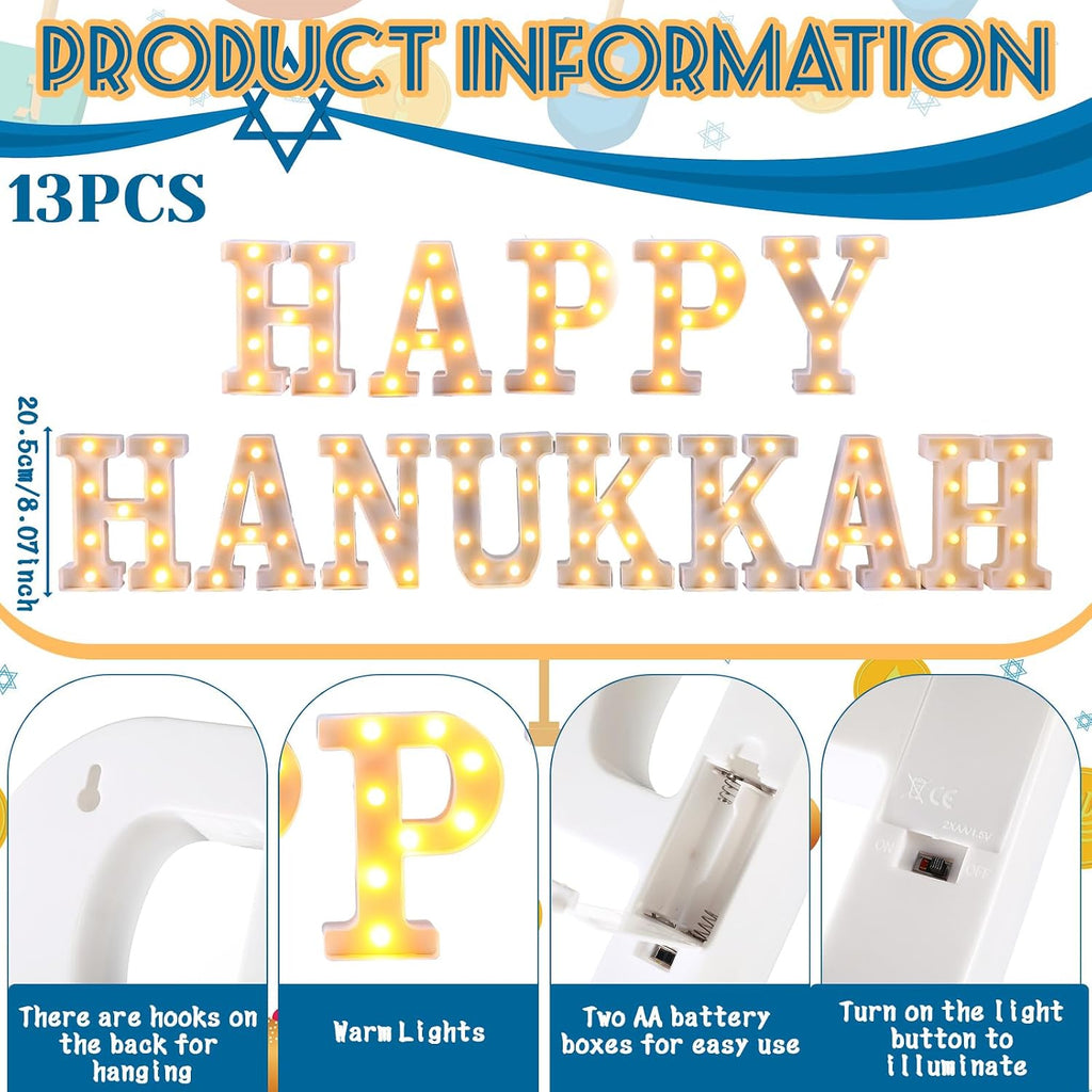 Sukkot Large LED Letter Sign LED Lights Battery Powered Table Decoration for Party Gift Tabletop Decoration(Happy - Set of 13