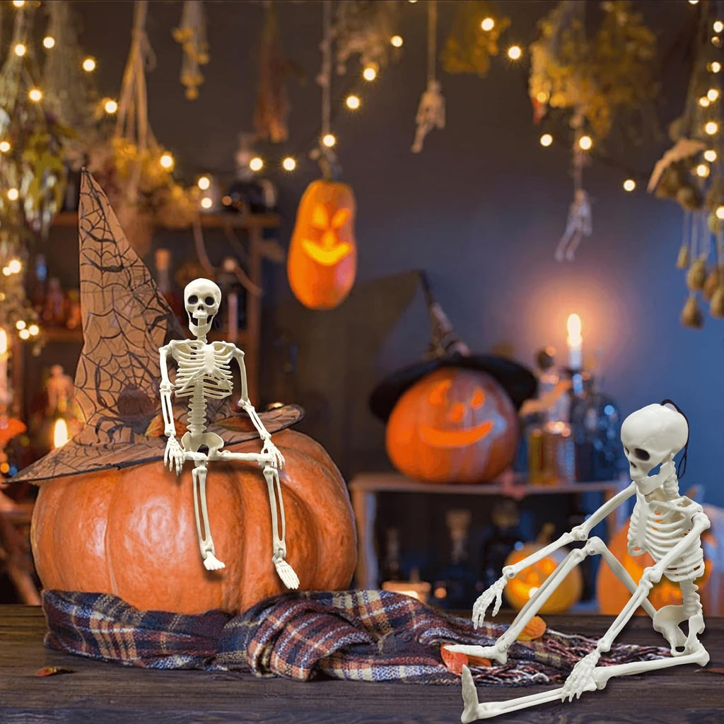 Halloween Skeleton Decorations, 16" Small Poseable Full-Body Skeletons with Movable Joints, Hanging Plastic - Set of 8