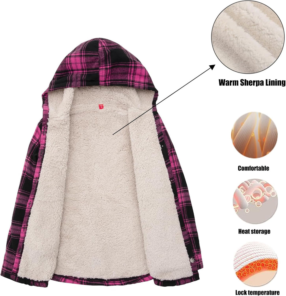 Girls Sherpa Lined Plaid Button Hooded Jacket