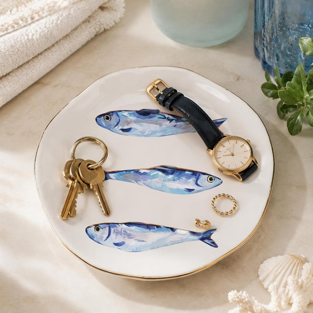 Sardines Ceramic Jewelry Tray with Gold Rim Small Decorative Trinket Dish Ocean Fish Key Tray for Rings Earrings