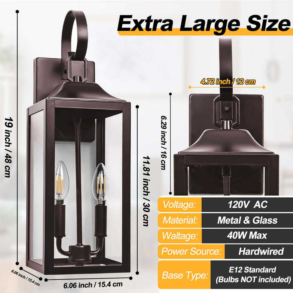 19" Large Oil Rubbed Bronze Outdoor Wall Lights, Waterproof Porch Lights
