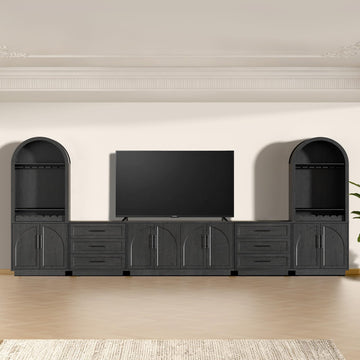 Modular Entertainment Center & Coffee Bar with LED Lighting, Charging Station, Arched Wood Sideboard Buffet