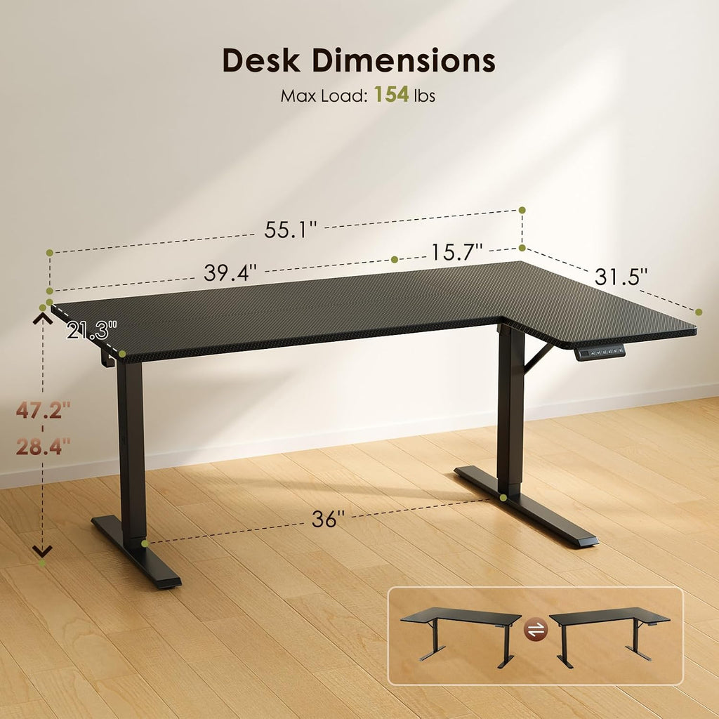 55" Reversible L Shaped Electric Standing Desk, Carbon Fiber Black | Corner Height Adjustable Computer Table, Stand