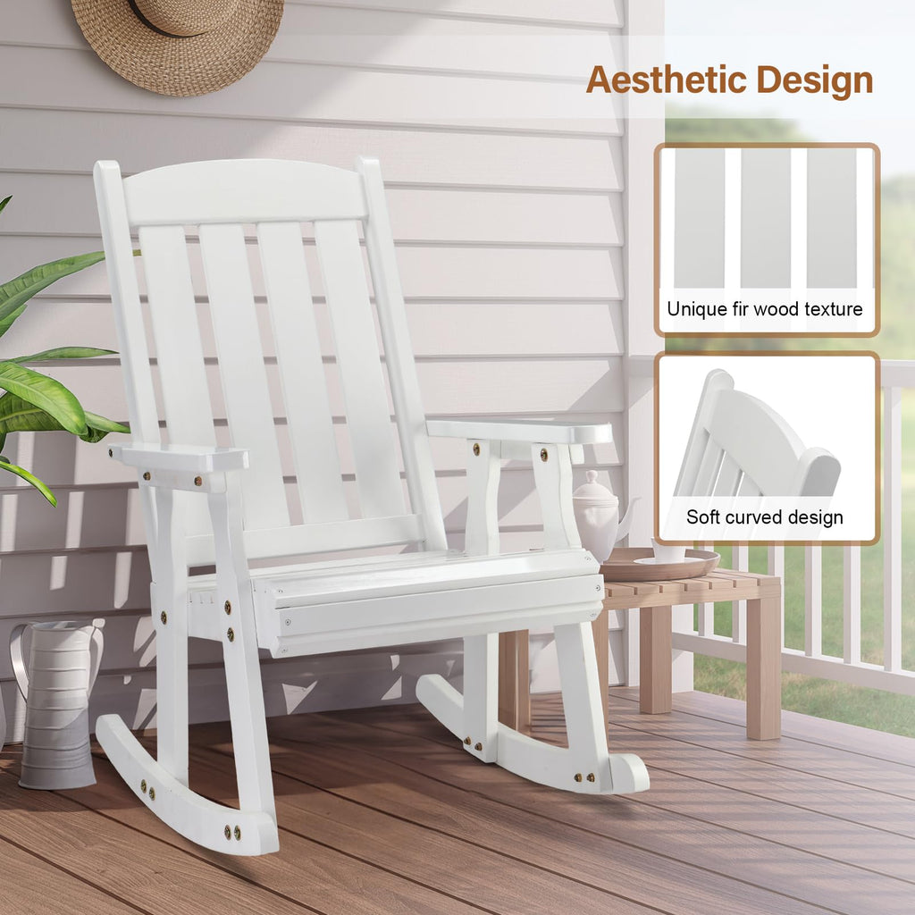 Outdoor Rocking Chair, Heavy Duty 600 LBS Wooden Rocker, White(1PC)