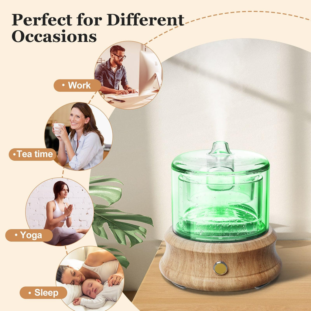 80ML Glass Essential Oil Diffuser with Glass Reservoir & Wood Base, Small Ultrasonic Aroma Diffusers with Auto-Off 7