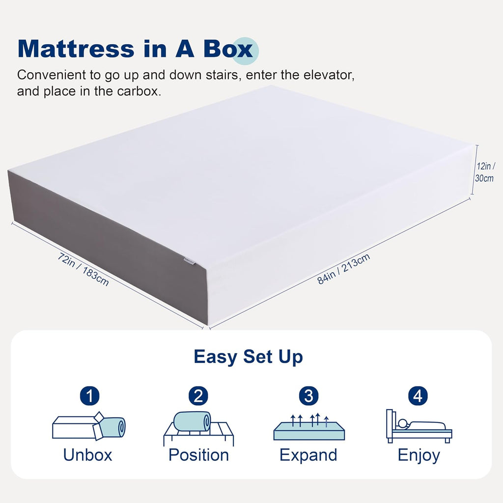 Memory Foam Mattress, Soft Plush Feel, Breathable, California King, White/Grey, 84 x 72 x 12 inches (LxWxH)