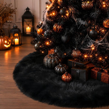 28 Inch Black Faux Fur Christmas Tree Skirt for Halloween Decorations