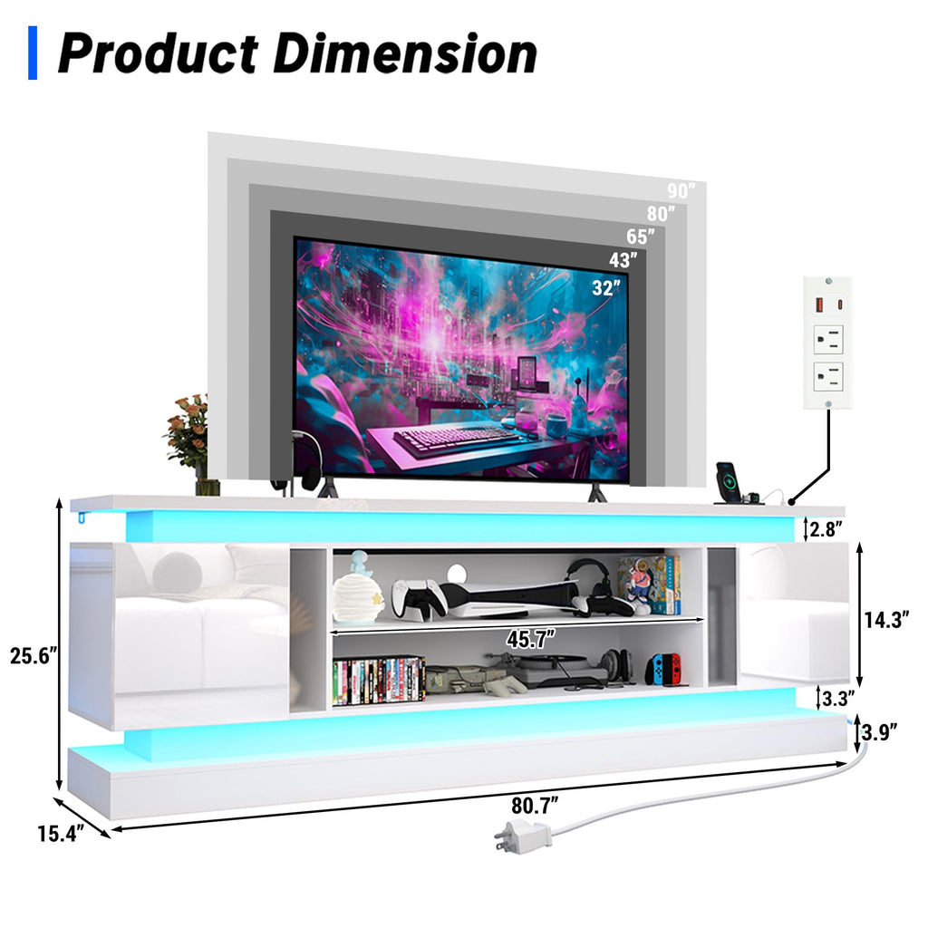 81IN LED TV Stands w/Power Outlet for 90/80/75 Inch TVs, High Glossy Modern Tall Entertainment Center TV Media Console