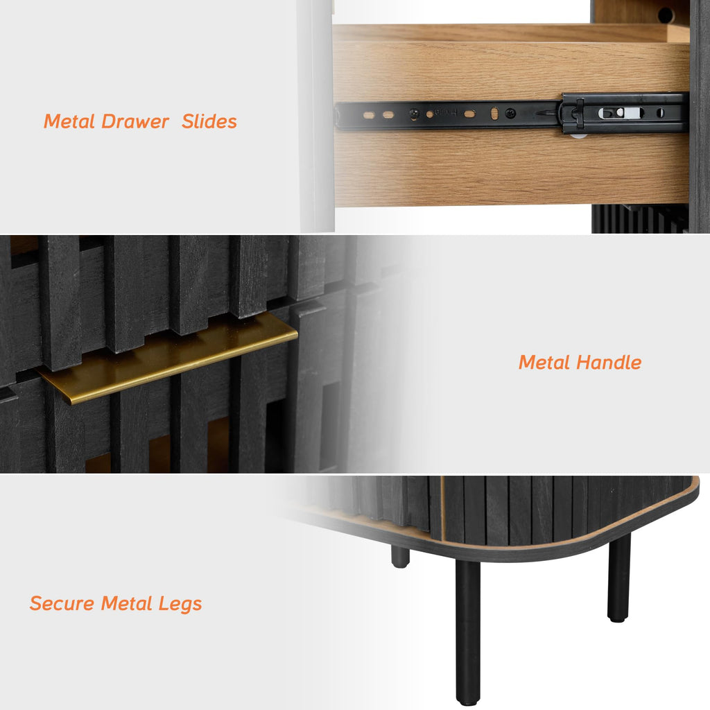 Fluted Nightstand, Modern Wooden End Table with 2 Drawer, Storage Bedside Table, Black, 2 Pack
