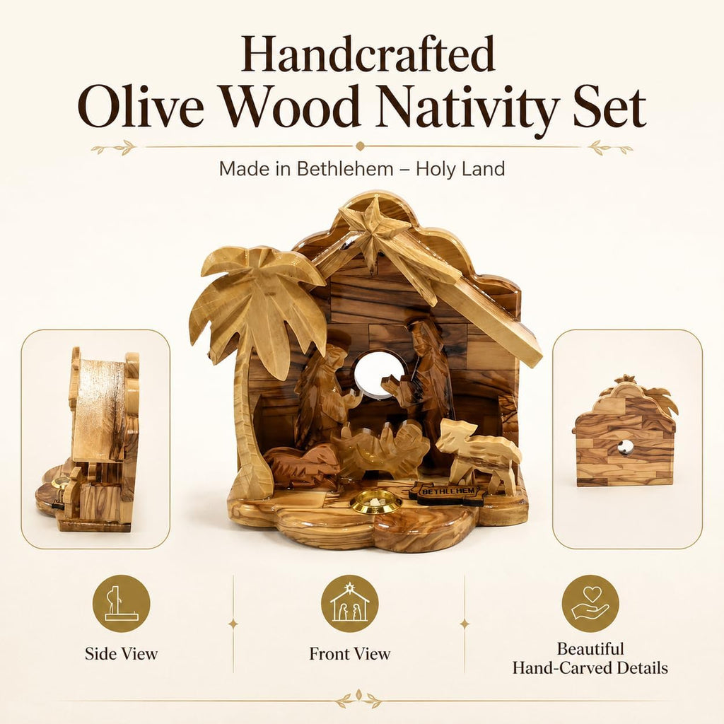 Olive Wood Nativity Set for Christmas Indoor Décor, Handcrafted Bethlehem Manger Scene with Holy Family, Wooden