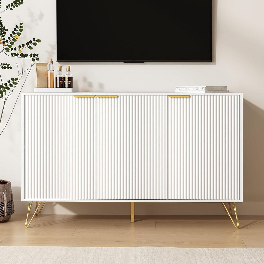 Storage Cabinet with 3 Fluted Doors and Adjustable Shelves, White丨Modern Wood Accent Table, Sideboard Buffet Cabinet