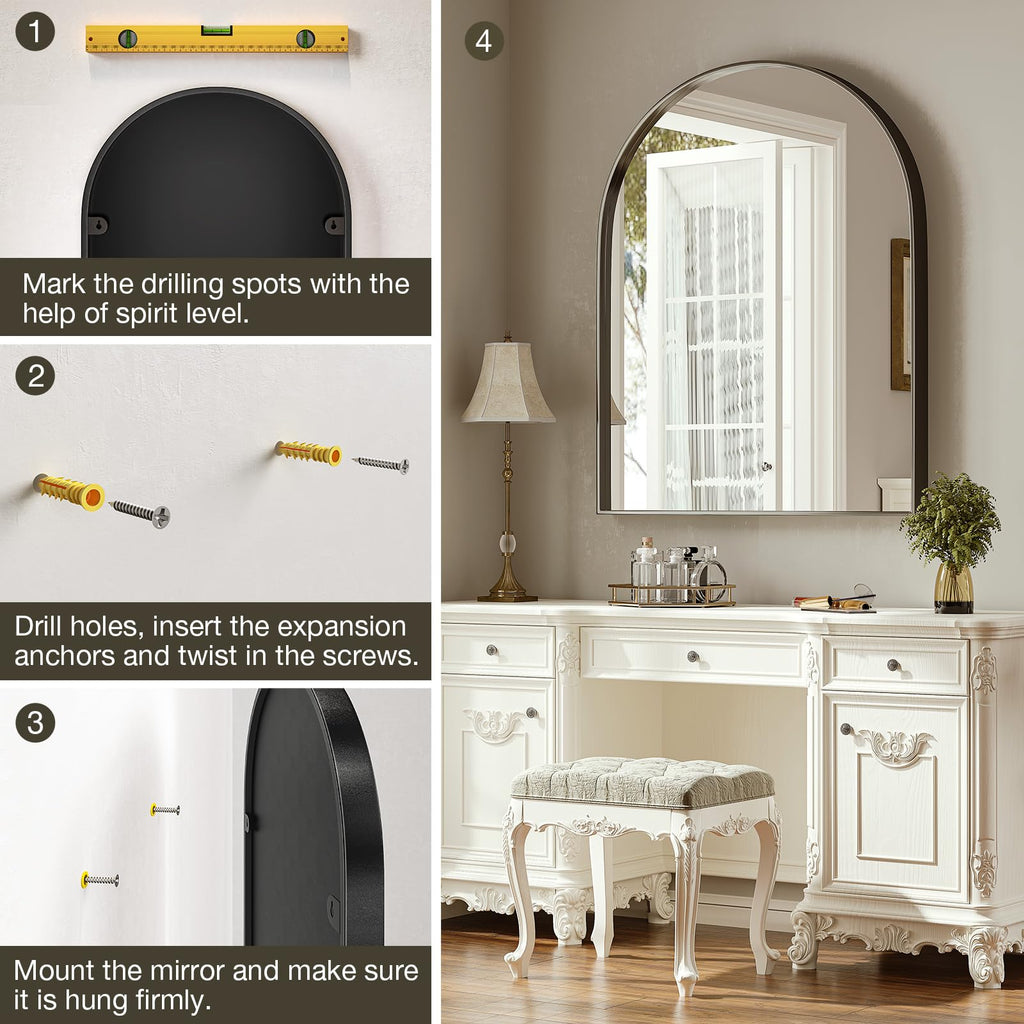 Arched Mirror, Arched Wall Mirror, 24 x 42 Inch Black Arch Mirror, Metal Frame Black Bathroom Mirror, Arched Top
