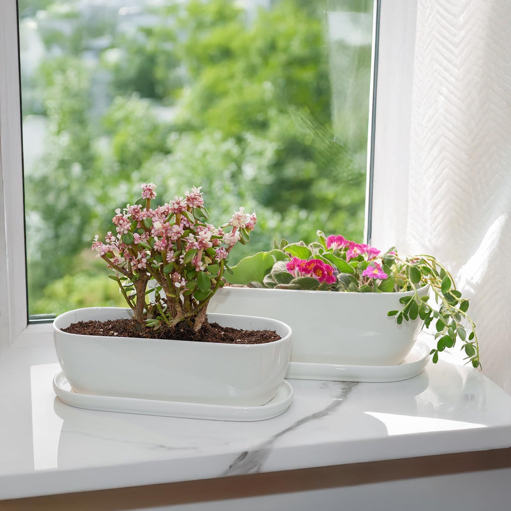 11+14 inch Ceramic Plant Pots with Drainage Holes Saucers, Set of 2
