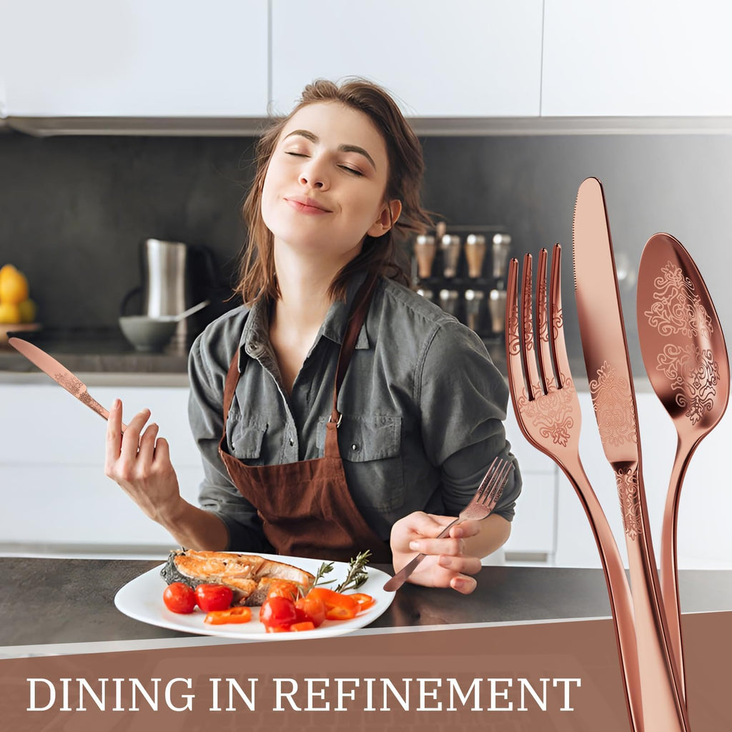 30-Piece Stainless Steel Silverware Set, Elegant Floral Engraved Cutlery Flatware Set for 6, Durable Tableware