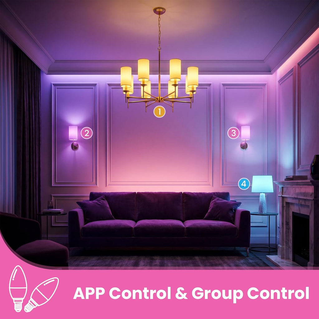 4 Pack E12 Smart Bulbs, Compatible with Alexa&Google Home