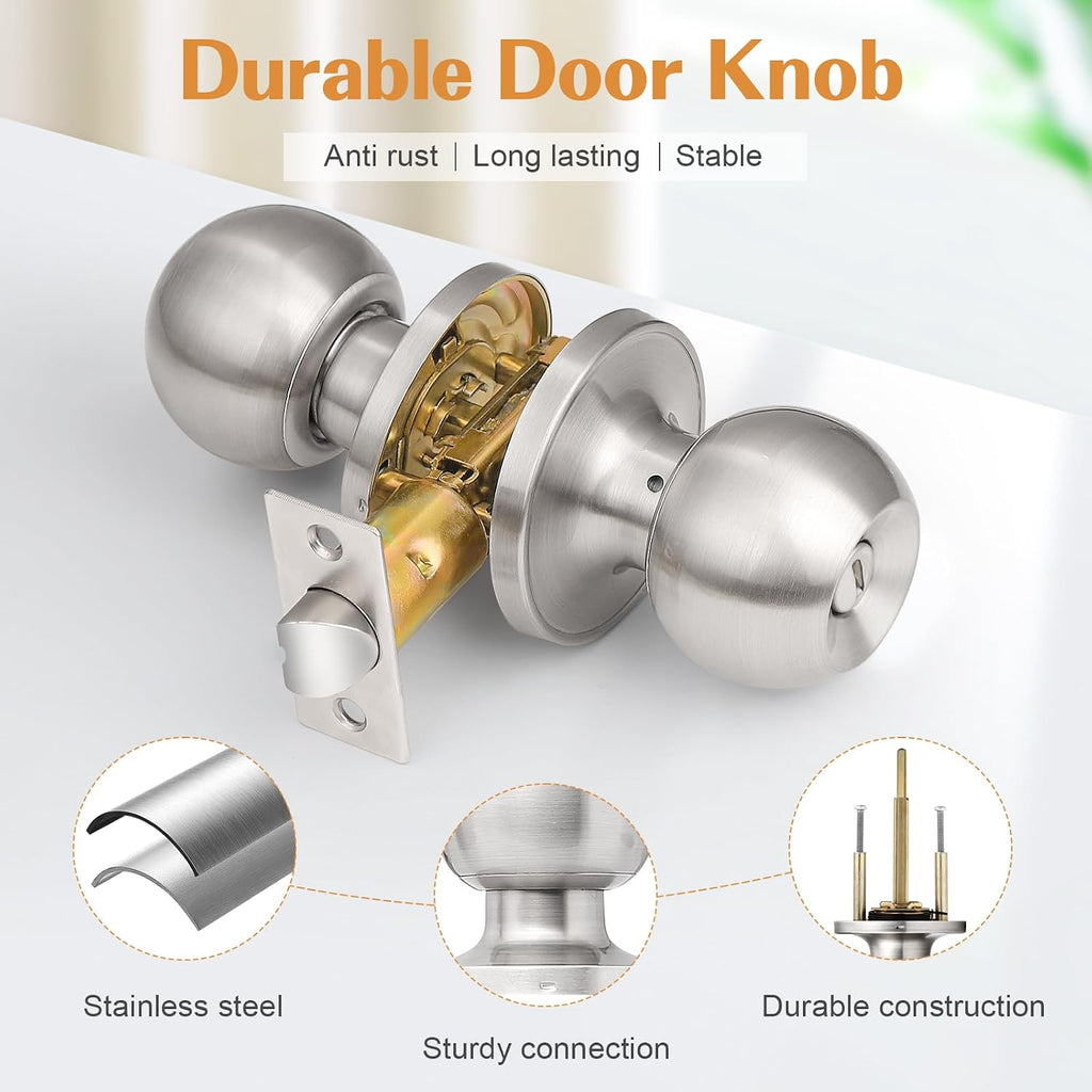 Privacy Interior Door Knobs Stainless Steel, Keyless Door Locks Bathroom, Brushed Nickel, 6 Pack