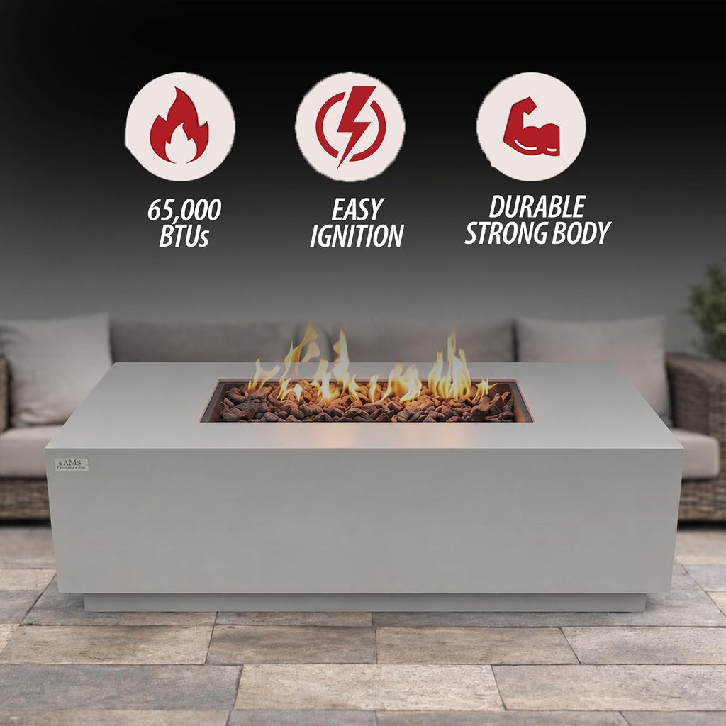 AMS 60" Rectangular Concrete GFRC Propane Gas Fire Pit Table (Light Gray) | (Madison) Smooth Texture Fire Pit Table