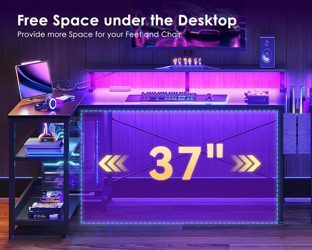 48 Inch L Shaped Gaming Desk with LED Lights, Power Outlets, Black | Adjustable Monitor Stand, Open Storage Shelves