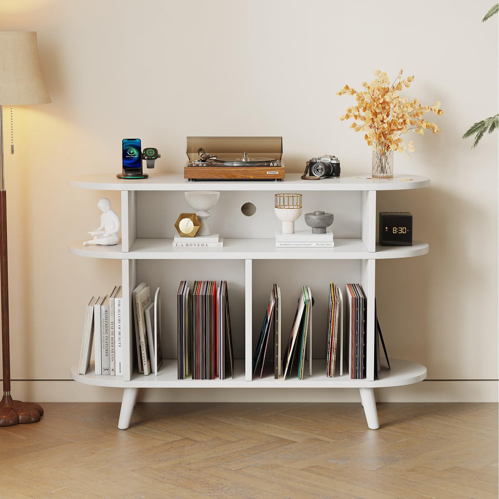 Large Round Record Player Stand, Wood Record Storage Cabinet, Vinyl Record Holder with Display Area, Mid Century