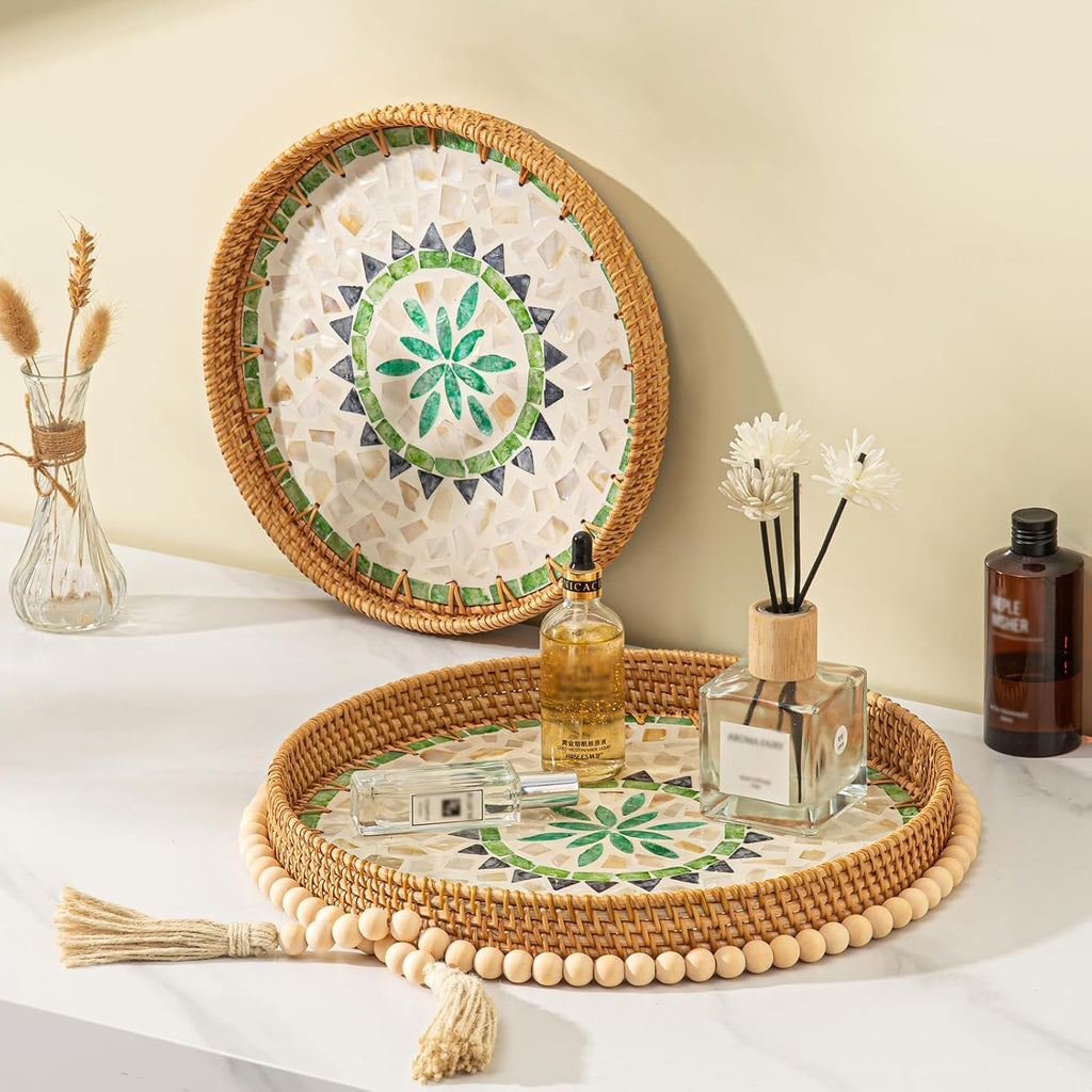 14 inch Round Rattan Tray Home Decor, Wicker Serving Tray with Mother of Pearl Inlay, Boho Decorative Tray for Coffee