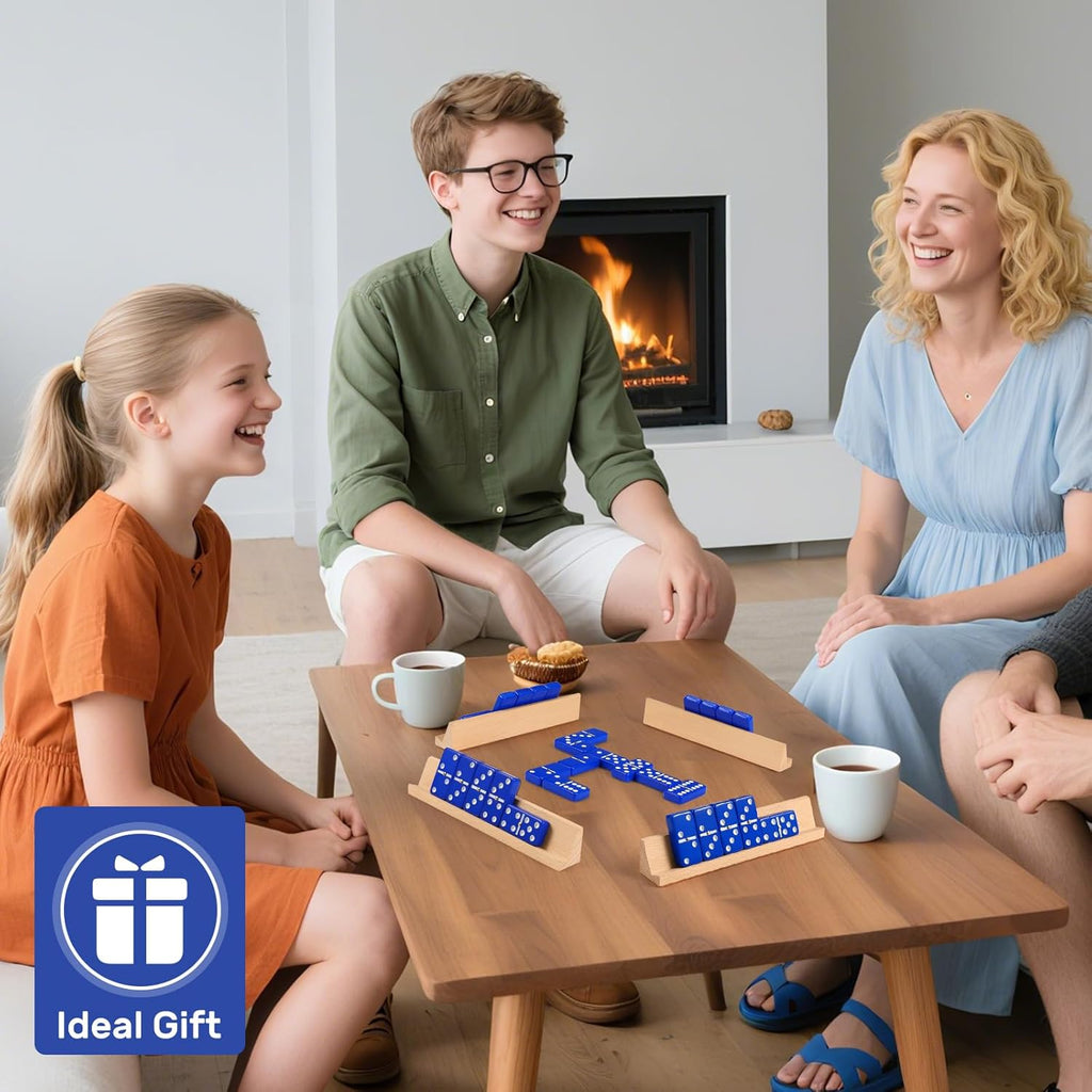 Dominoes Set for Adults with 4 Wooden Racks/Trays, Double Six Travel Portable Case 6 Tiles Holders, 28 Dominos Family - Set of 28