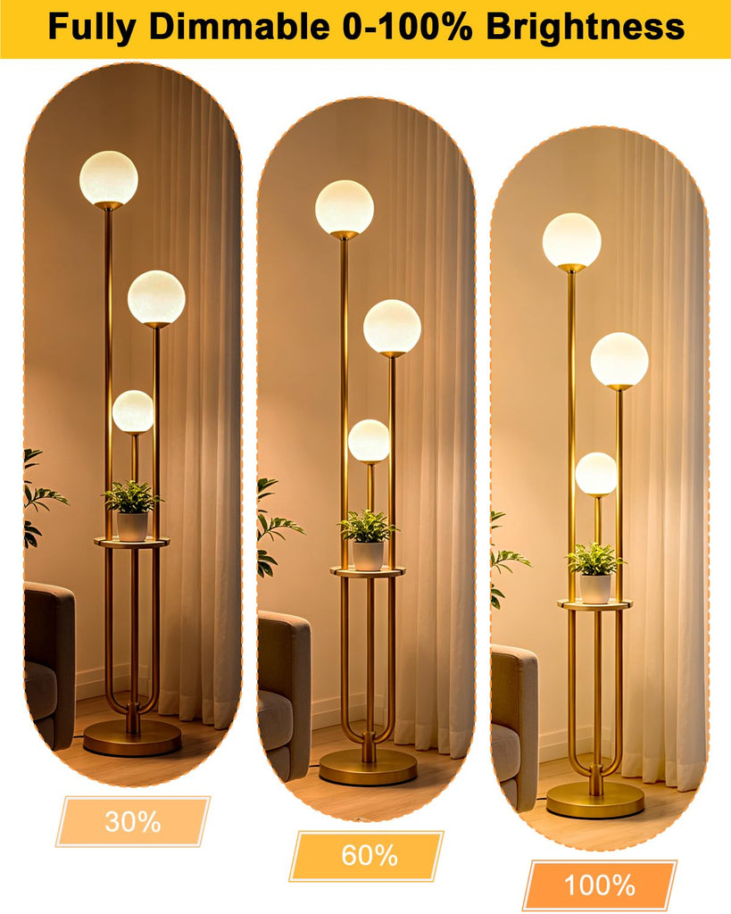 63IN Dimmable Gold Floor Lamp with Shelf Mid Century Standing Lamps with 3000K Bulbs Included Modern Globe Floor Lamp