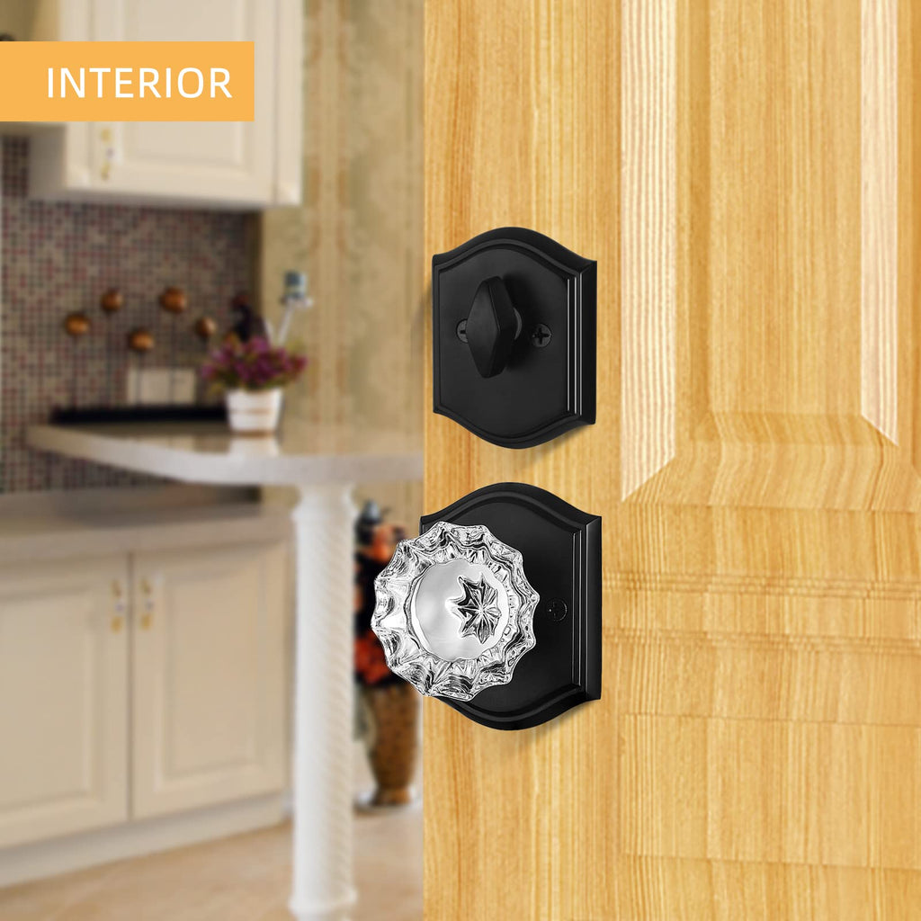 Crystal Glass Passage Door Knob and Single Cylinder Deadbolt Combo Set, Matte Black Finish, Keyed Alike