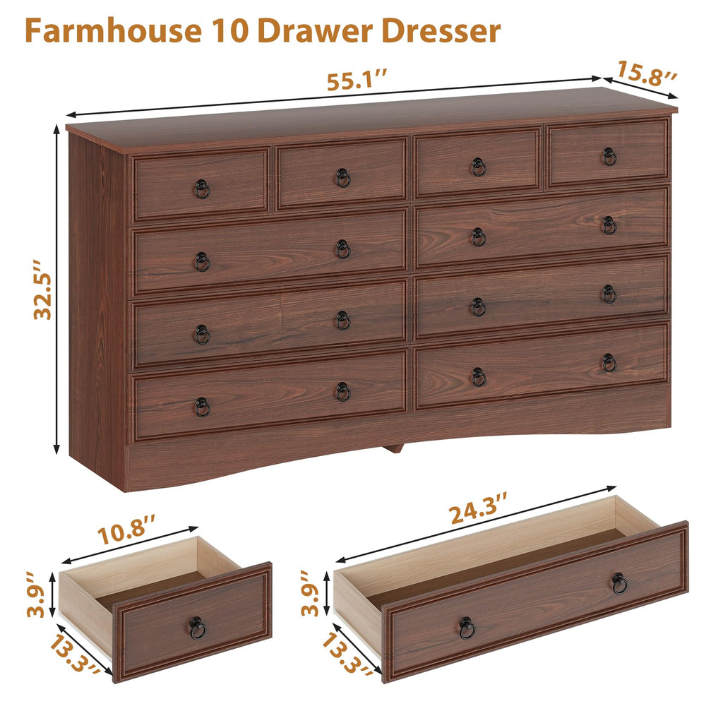With 10 Drawers, Large Chest of Drawers Storage Organizer, Long Storage TV Stand Cherry Wood