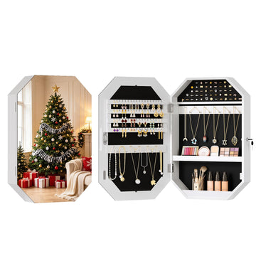 Modern Diamond-Shaped Jewelry Armoire, Lockable Octagonal Jewelry Cabinet Organizer with Mirror, Wall Mounted for