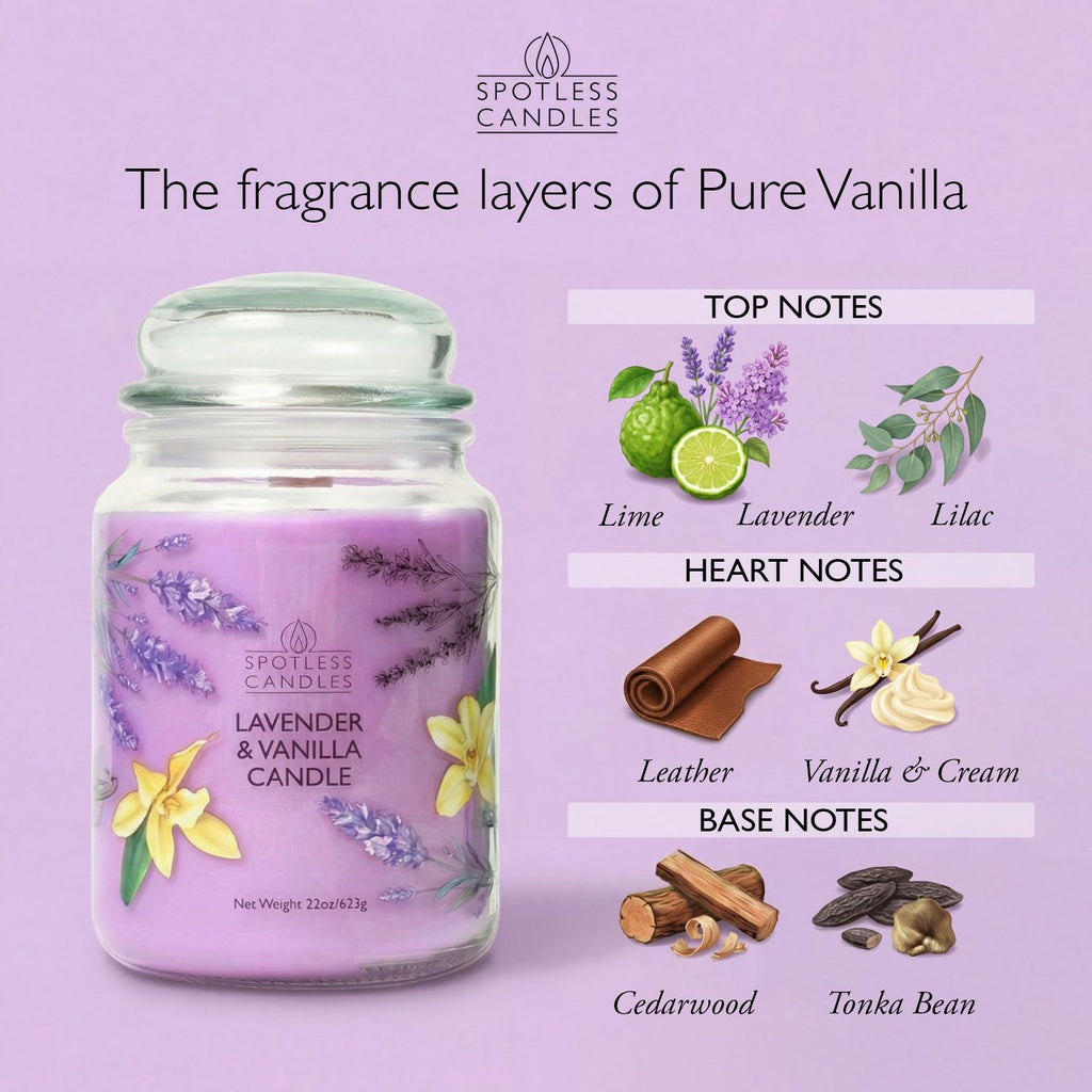 Vanilla & Lavender Candle 22oz Glass Jar with Wooden Wick in a Decorated Jar Within a Presentation Gift Box and