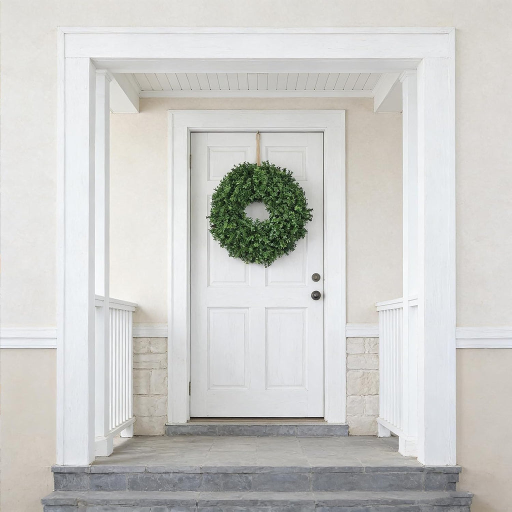 24 Inch Artificial Boxwood Wreath for Front Door - Lush Green Leaf Wreath for All Seasons, Faux Boxwood Door Decor