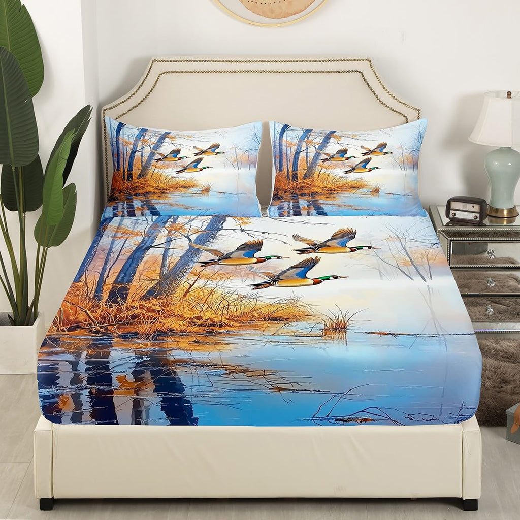 Mallard Duck Sheet Set Mallard Duck Bird Bed Sheets Set Rustic Natural Lake Scenery Sheets Vintage Woodland