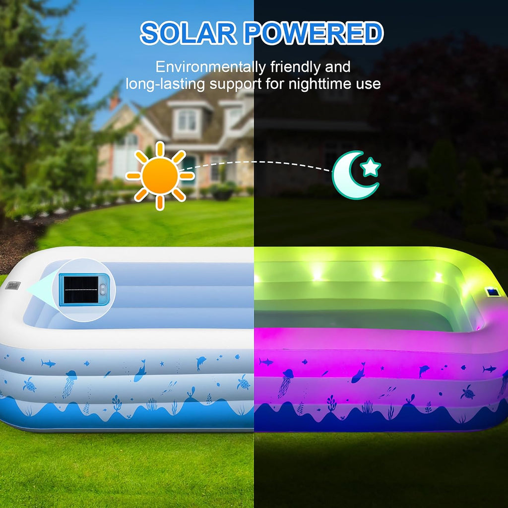 Large Inflatable Pools with Lights, 145" X 74" X 22" Family Inflatable Swimming Pools for Adults, Blow Up Pool Solar