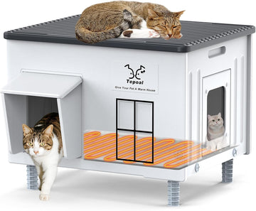 Indestructible Heated Cat House for Outside, Large Heated Outdoor Cat House 100% Weatherproof with Escape Door