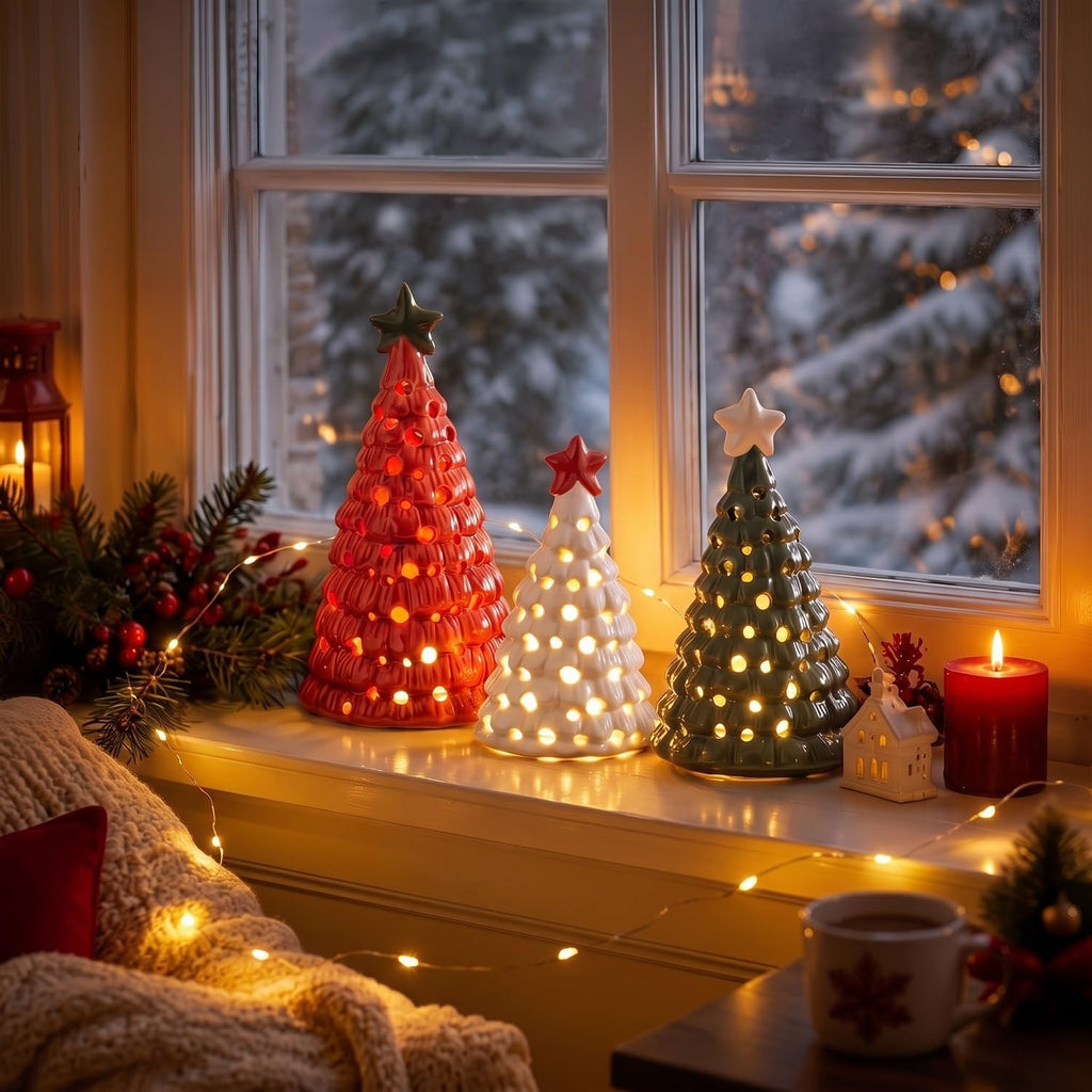 3 Pcs Mini Lighted Ceramic Christmas Tree Figurines, Red White Green