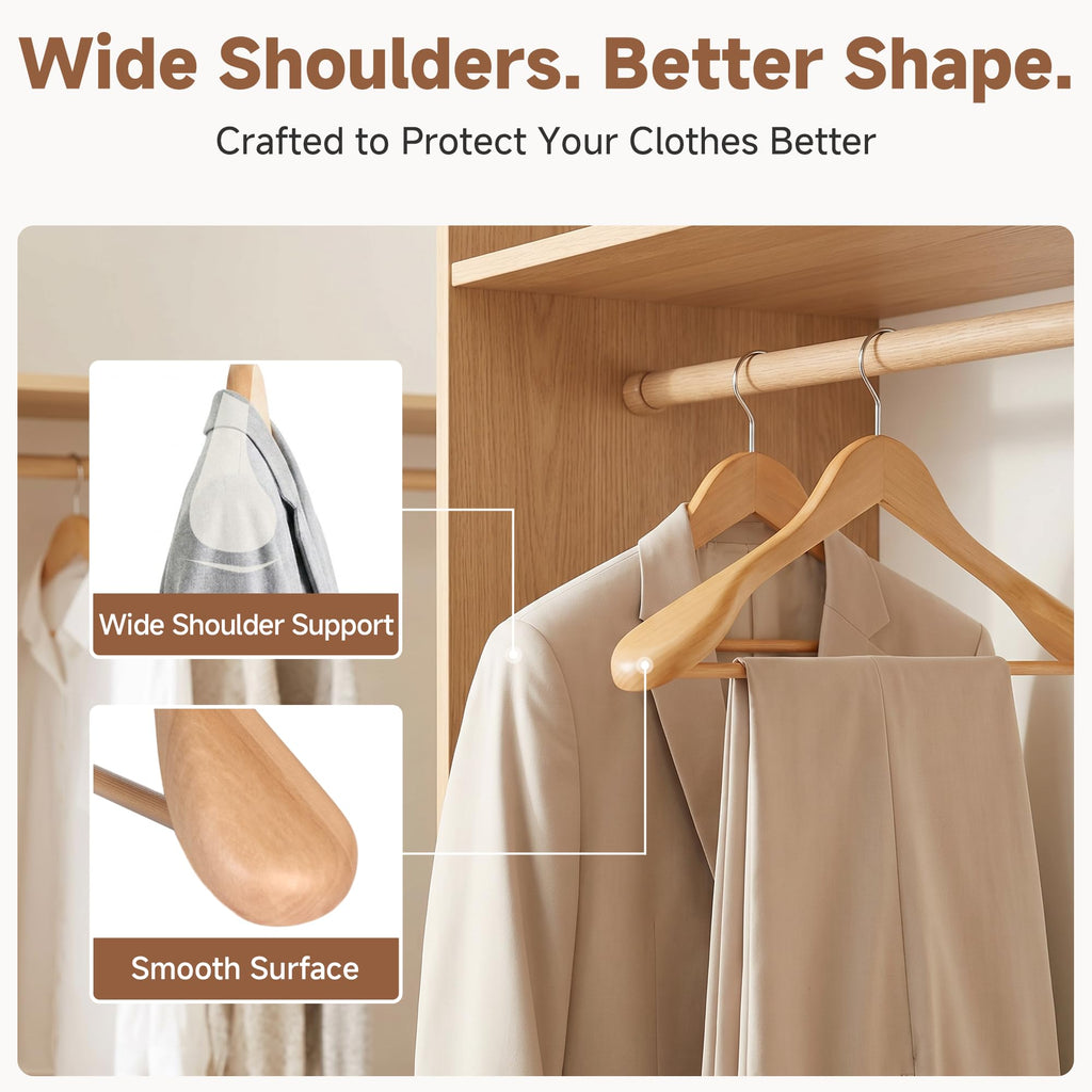 Wooden Hangers 10 Pack, Extra Wide Shoulder Suit Hangers
