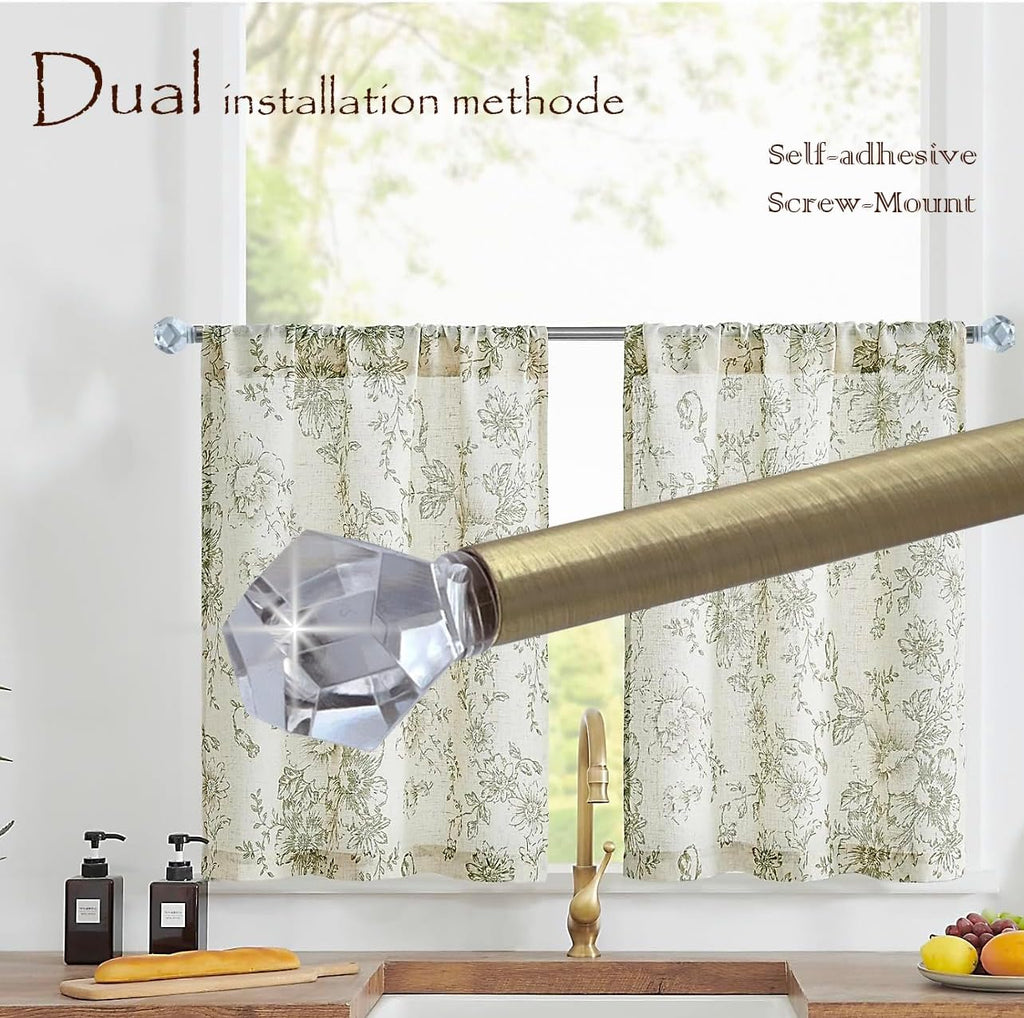 3/8" Sash Curtain Rods with Clear Crystal Ball Finials, 16 to 28 Inch Adjustable, for French Door & Sidelights, Brass