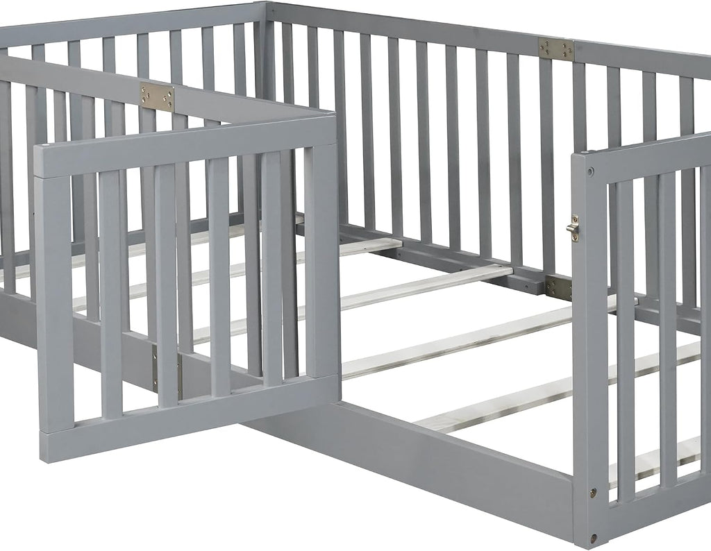 Floor Bed with Slats and Door, Montessori Floor Bed with Rails, Easy Assemble Montessori Beds