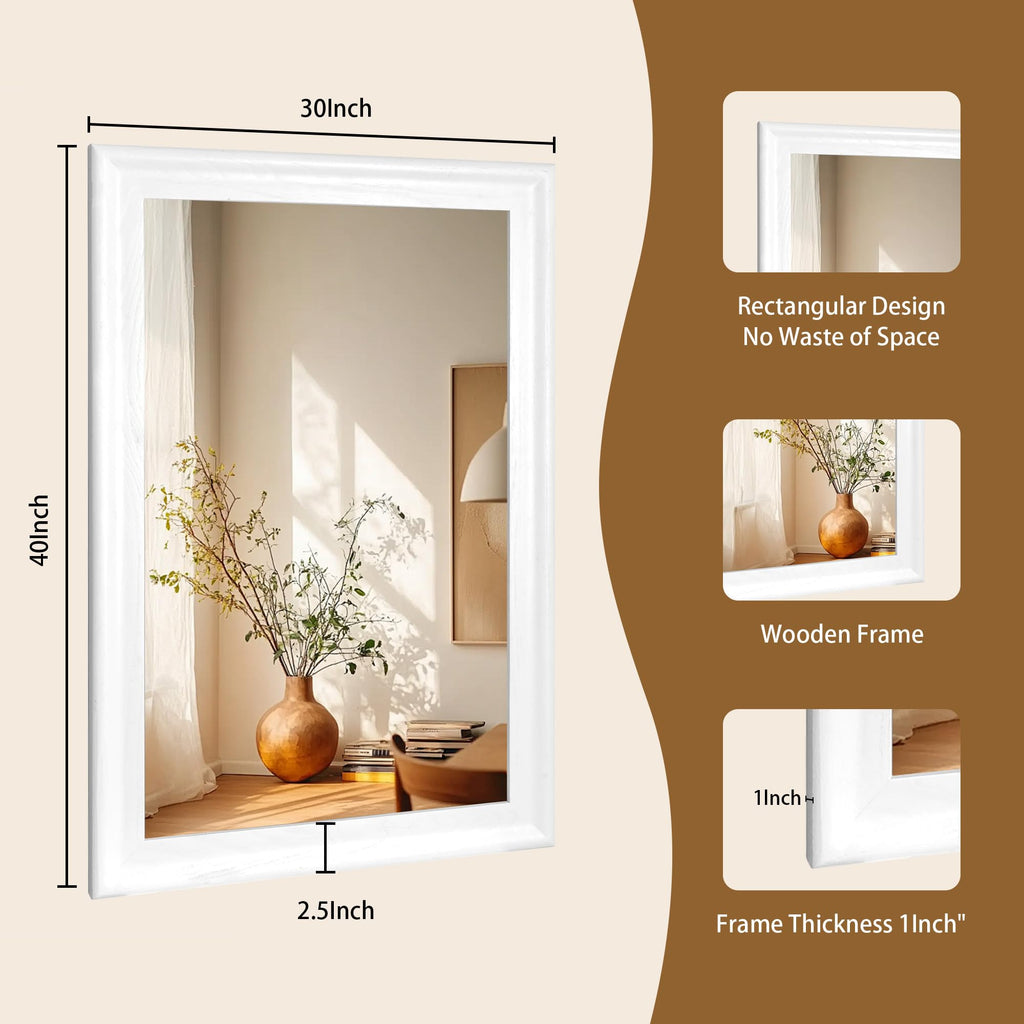 White Wood 30 x 40 Inch Mirror,Rectangle Vanity Wall Mirror