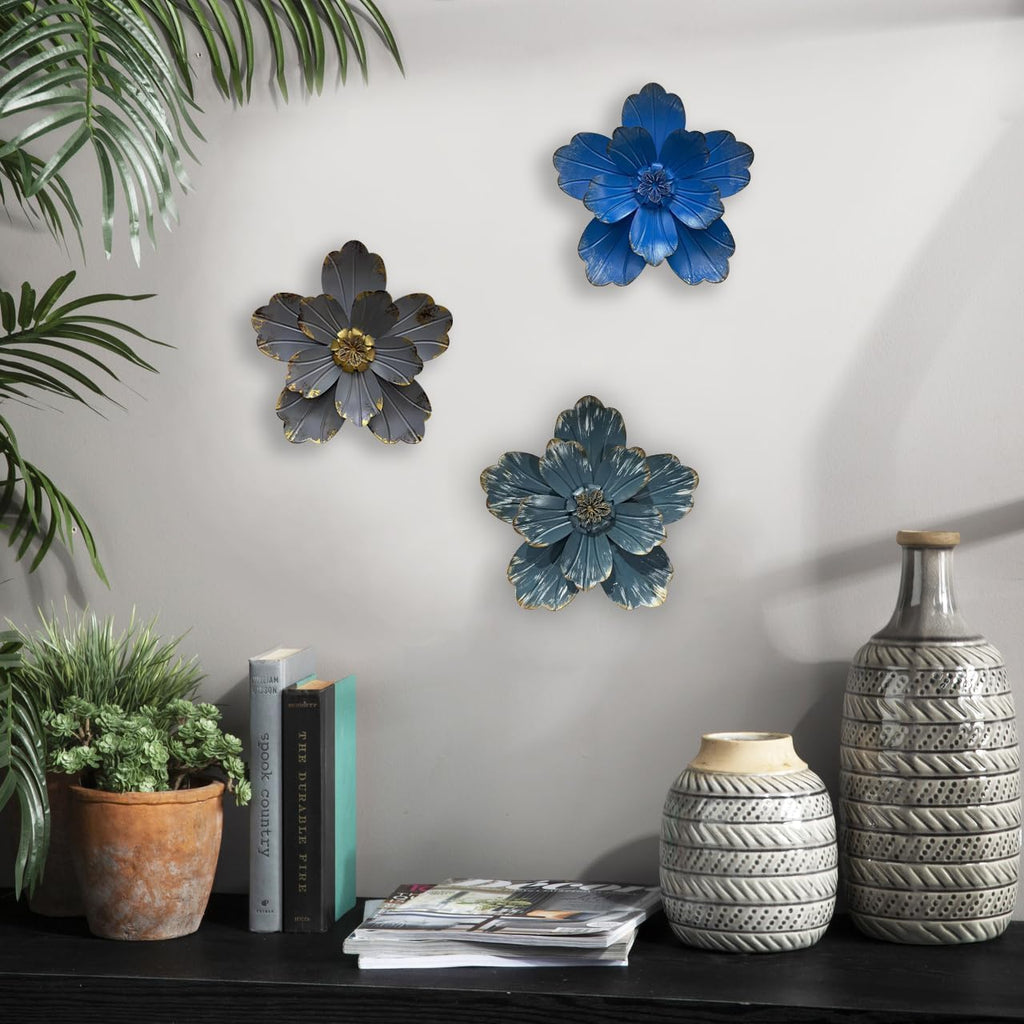 Metal Flower Wall Sculpture, 9.5" Grey Golden Rustic Modern Artwork