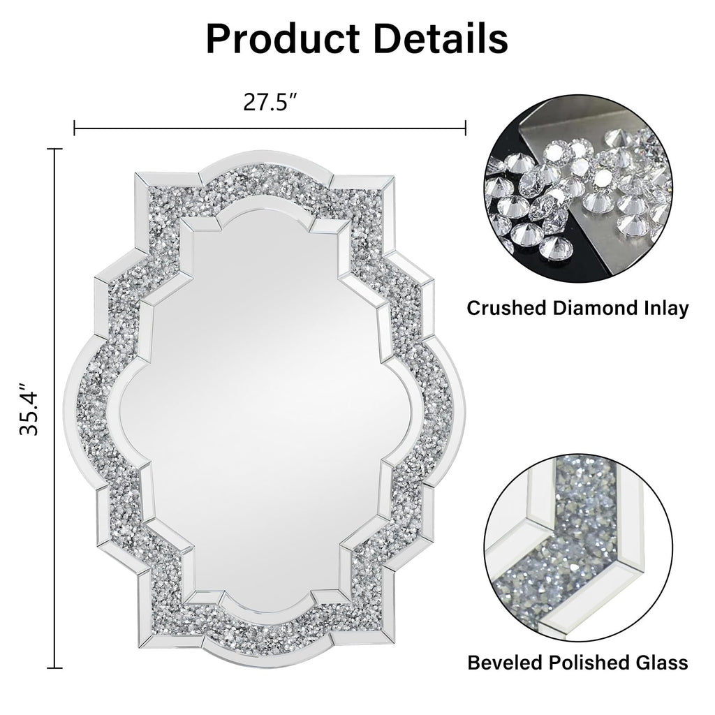 27.5" x 35.4" Ornate Crushed Diamond Wall Mirror, Silver Decorative Mirror, Modern Glam Wall Mounted Mirror Home Decor