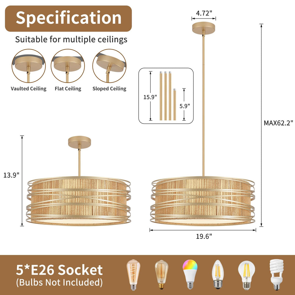 5-Light Rattan Drum Chandelier 19.7'' Boho Gold Pendant Light