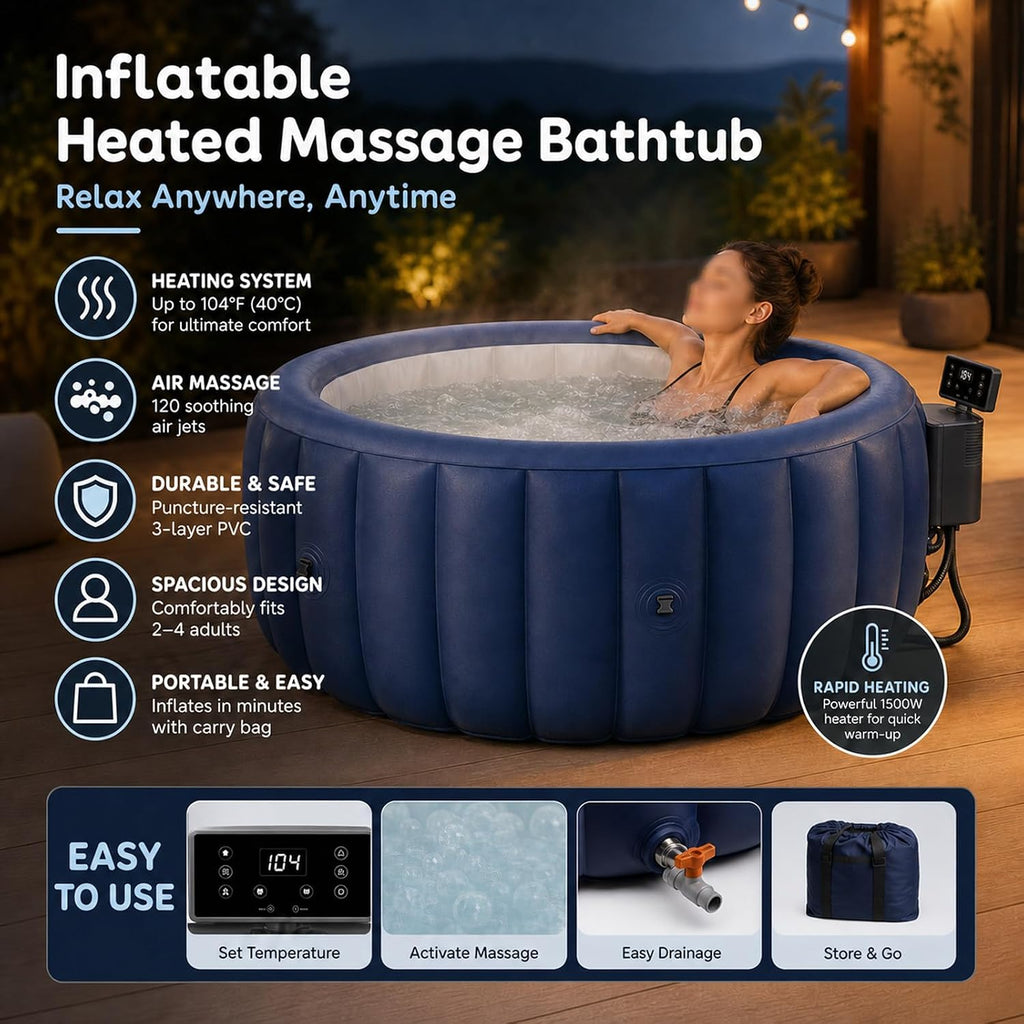 Inflatable Hot Tub Spa Set, Portable Outdoor Spa with 130 Air Jets, Consistent 104°F Heating, Automatic Temperature