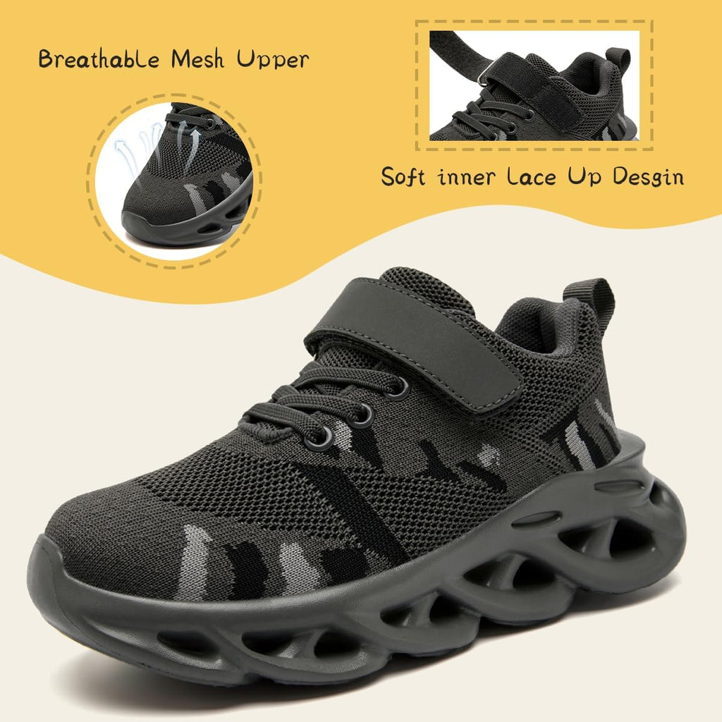 Kids Camo Sneakers for Boys - Lightweight Mesh Athletic Shoes with Hook & Loop Closure, Non-Slip Sole, Breathable