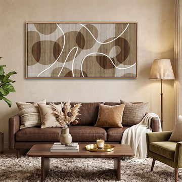 Boho Neutral Tone Geometric Oval Canvas Wall Art Thin White Curve Line Horizontal Above Sofa Wall Painting 20×40 inch
