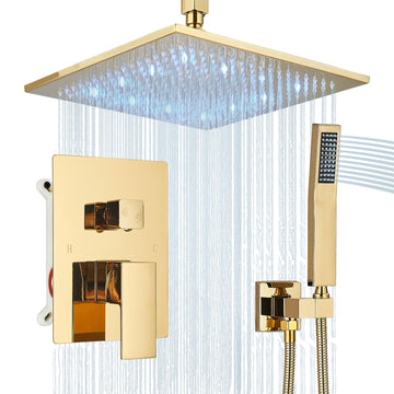 Polished Gold Shower System 12 Inch LED Square Rainfall Shower Head Ceiling Mount Shower Faucet Set with Hand Sprayer