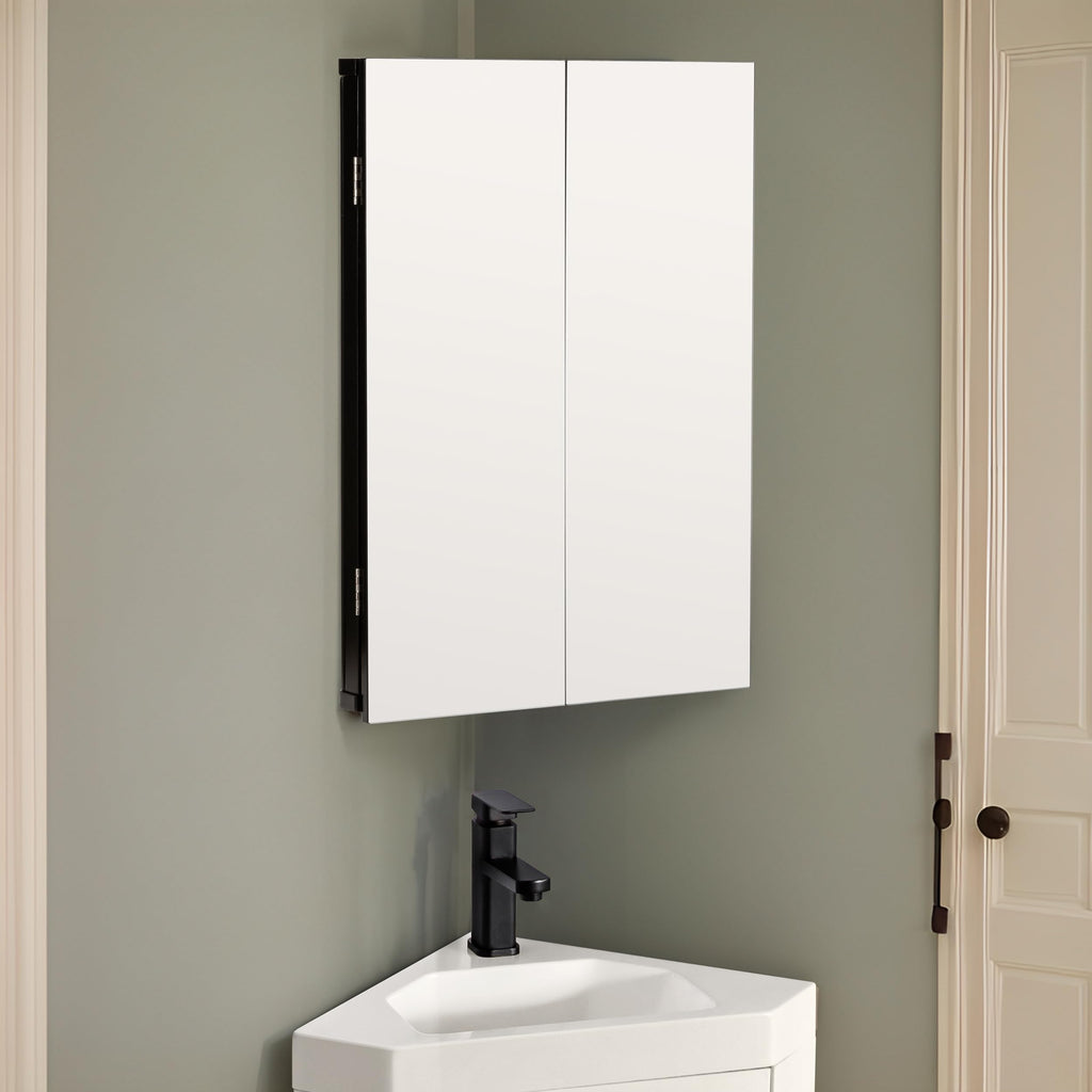 24" Bathroom Corner Medicine Cabinet W/Mirror, Double Doors Bathroom Black Wall Mount Mirror Cabinet, Hanging Triple