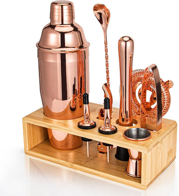 Rose Gold Cocktail Shaker Set, Premium 18/8 Stainless Steel Mixology Bartender Kit with Stylish Bamboo Stand 10-Piece - Set of 10