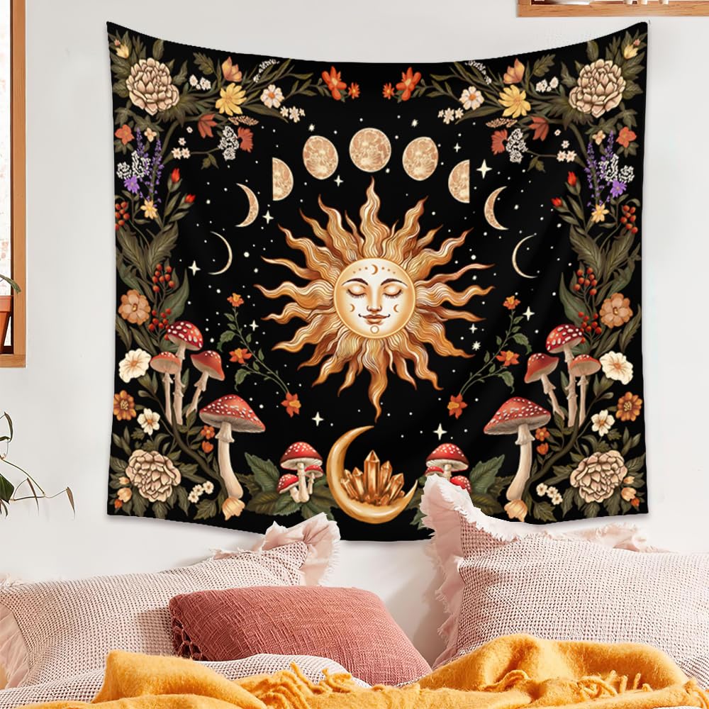 Burning Sun Wall Tapestry Moon Phase Tapestry Wall Hanging Witchy Room Decor Botanical Flowers Tapestries Aesthetic