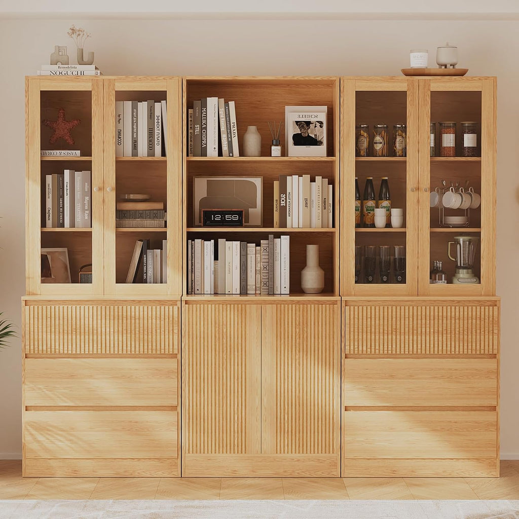 Tall Bookcase with Glass Doors and Drawers,71'' Wooden Bookshelf with Storage,Display Cabinet ,Set of 4 (DCCD)